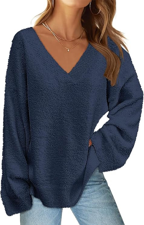 MEROKEETY Women's Long Sleeve V Neck Fuzzy Fleece Sweater Oversized Casual Cozy Knit Pullover Top... | Amazon (US)