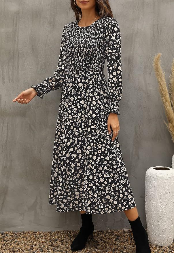 Maggeer Women Long Sleeve Smocked Bodice and Cuffs Boho Floral Tiered Midi Dress | Amazon (US)