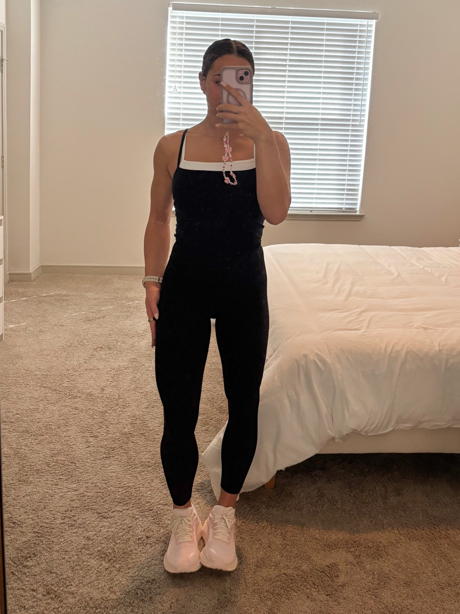 Two toned top. Lulu black leggings. Pink hokas 

#LTKFitness