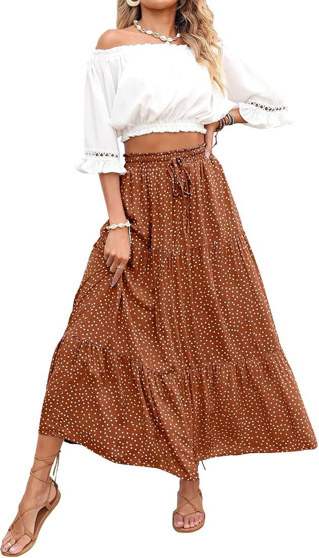 ZESICA Women's 2023 Bohemian Floral Printed Elastic Waist A Line Maxi Skirt with Pockets,Brown,Sm... | Amazon (US)