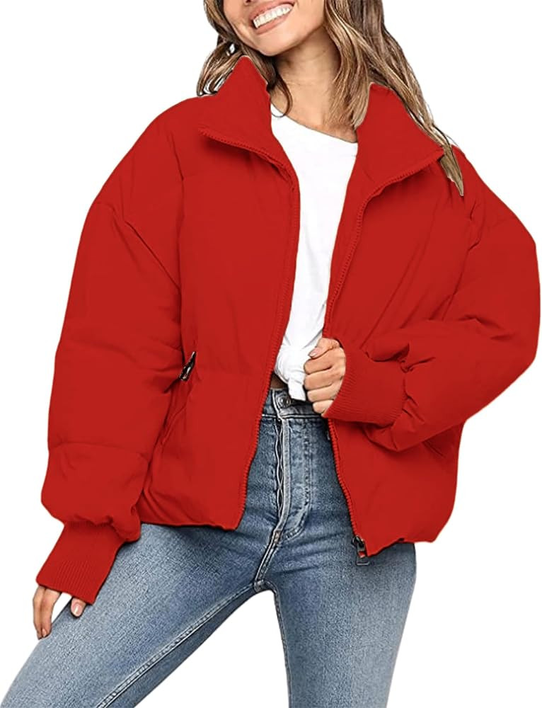 InterNos Women's Winter Stand Collar Zip Puffer Jacket Baggy Short Padded Down Coats | Amazon (US)