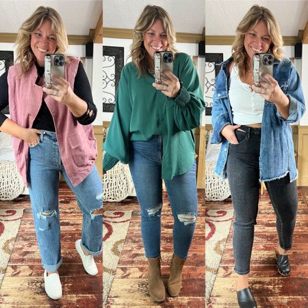 Good American jeans, Target jeans, straight leg distressed jeans, skinny jeans, shacket, corduroy vest, oversized blouses, loafers, clogs, western boots - 16 in all jeans , xl in vest, 1x in denim shacket & xxl in green blouse 

#LTKcurves #LTKstyletip #LTKunder100