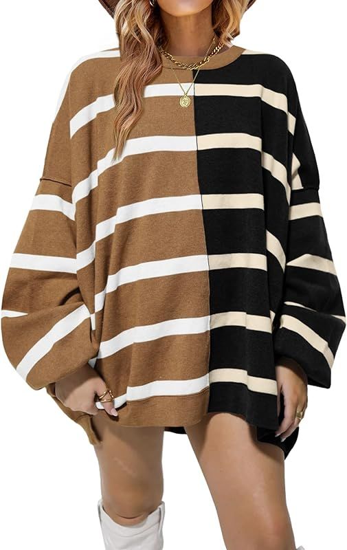 Womens Striped Pullover Sweater Crew Neck Long Sleeve Knitted Color Block Casual Loose Lightweigh... | Amazon (US)