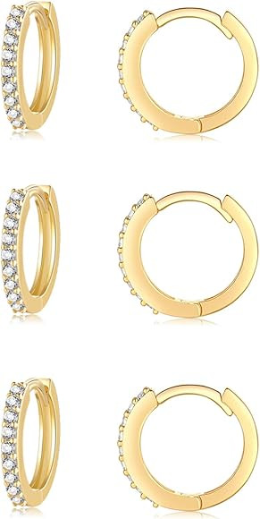 Silver Hoop Earrings for Women, 3 Pairs Small Sterling Silver Huggie Earrings | Tiny Cubic Zircon... | Amazon (US)