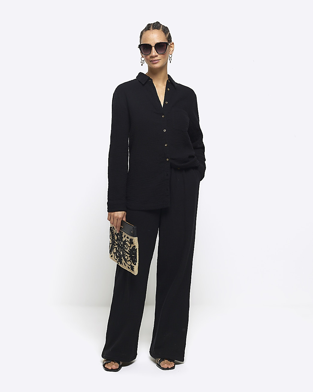 Black elasticated wide leg trousers | River Island (UK & IE)