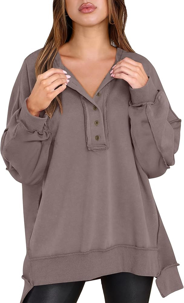 Caracilia Women's Oversized Sweatshirts Long Sleeve Henley Button Down Pullover Hoodies Tunic Top... | Amazon (US)