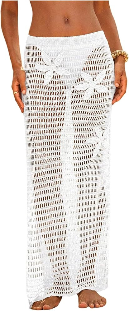 MakeMeChic Women's Crochet Cover Up Long Skirt 3D Floral Split Hollow Out Beach Summer Swimwear | Amazon (US)
