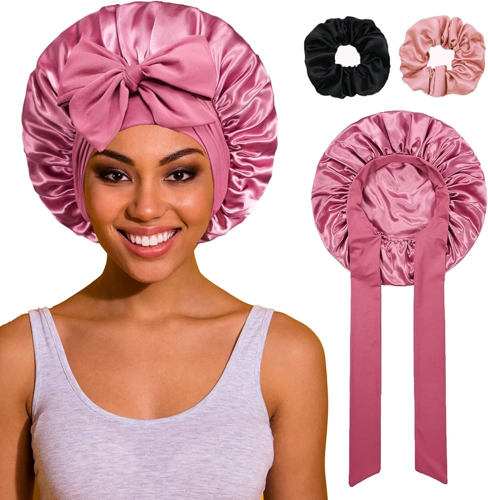 Bonnet with Tie Band, Satin Hair Silk Bonnet for Sleeping Women, Sleep Bonnets for Women, Double ... | Amazon (US)