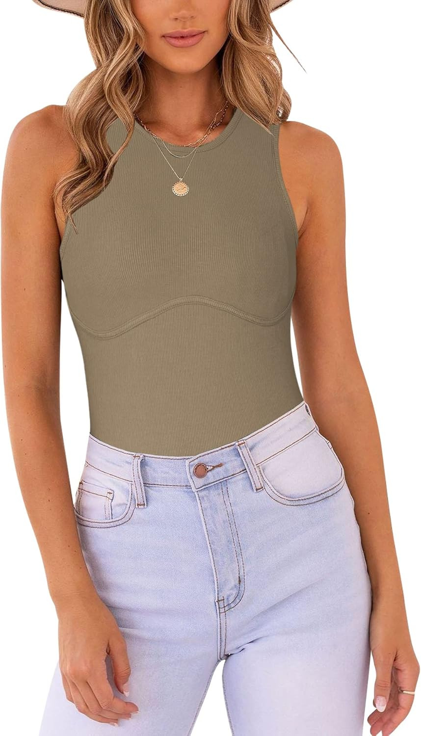 ITWASFIRE Women Sleeveless Bodysuits Ribbed Halter Neck Racer Back Underbust Detailing Tank Tops | Amazon (US)