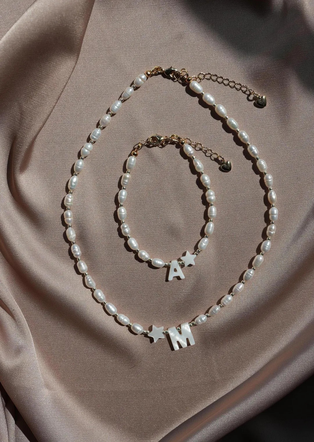 Personalized Real Pearl Jewelry Set - Custom Initial Letter Necklace and Bracelet With Star Charm... | Etsy (US)