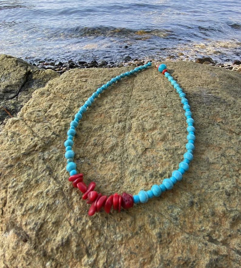 Turquoise and Coral, Gemstone Necklace, Coral Jewelry, Genuine Turquoise, Red and Blue Natural St... | Etsy (US)