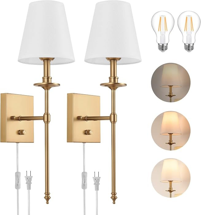 Dimmable Wall Sconces Set of Two, Plug in Wall Sconces White Fabric Shade, Wall Lamp for Bedroom,... | Amazon (US)