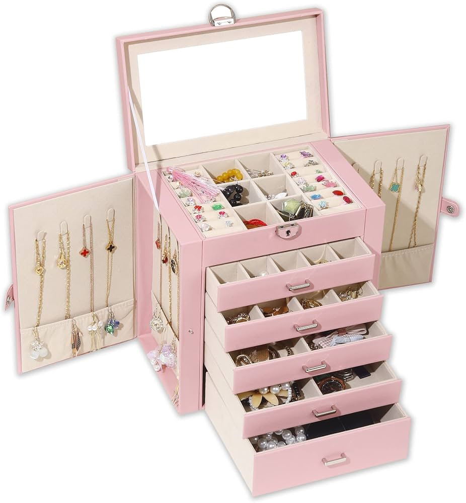 BOOVO Jewelry Box For women, 6 Layer Large Jewelry Organizer With Mirror, Multi-Function Storage ... | Amazon (US)