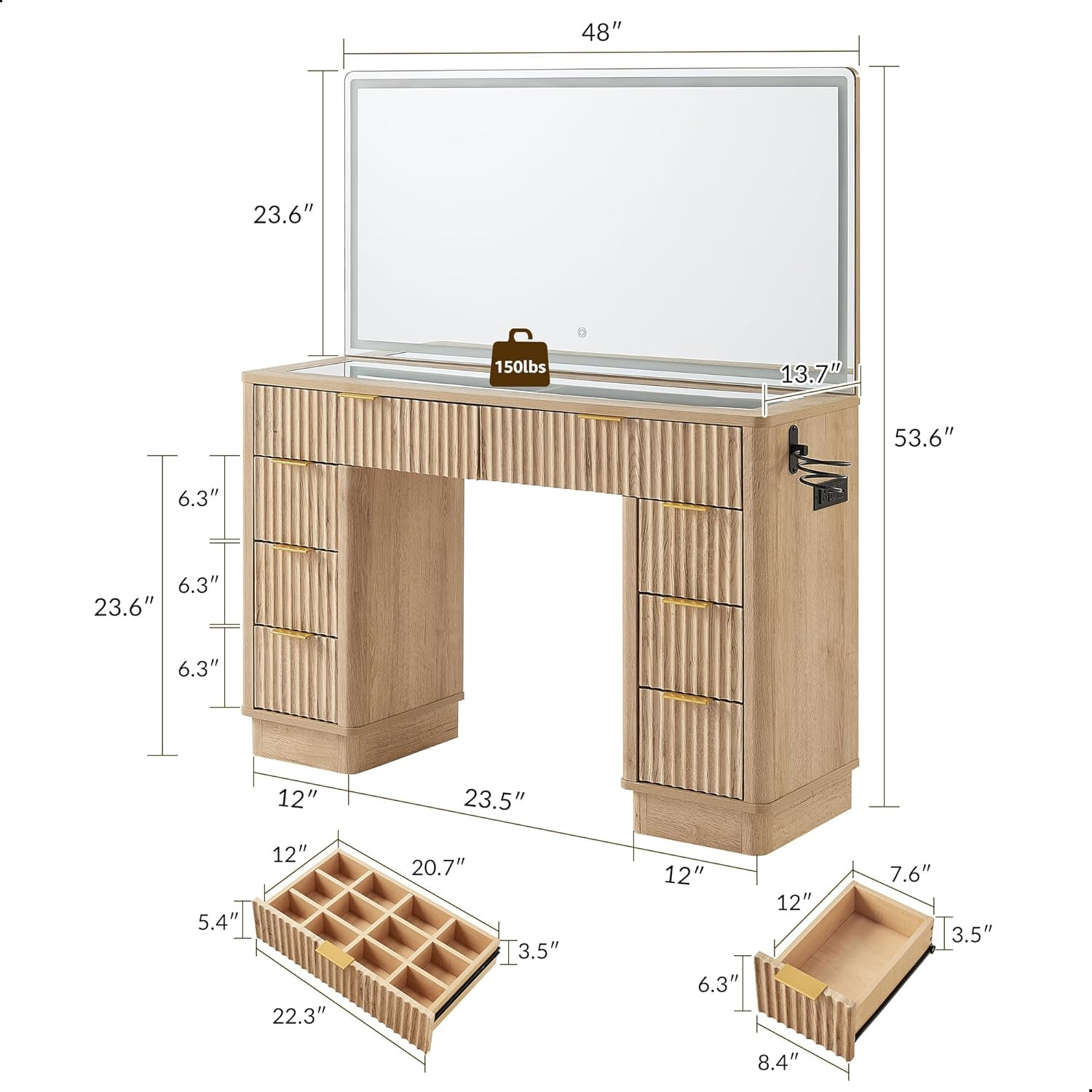T4TREAM 48" Fluted Makeup Vanity Desk with Large Led Lighted Mirror, Modern Vanity Table with 8 D... | Amazon (US)