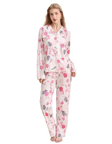 NAP BOUND 100% Cotton Christmas Pajama Sets for Women 2 Piece Pink Lights L Holiday PJs Set Long Sleeve Soft Sleepwear (SDDQpink,L) | Amazon (US)