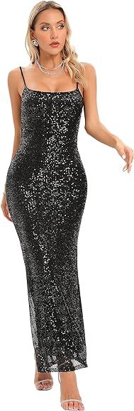 ALENDA DANMOS Women Spaghetti Straps Sequin Maxi Dress Elegant Backless Split Bodycon Sequin Even... | Amazon (US)