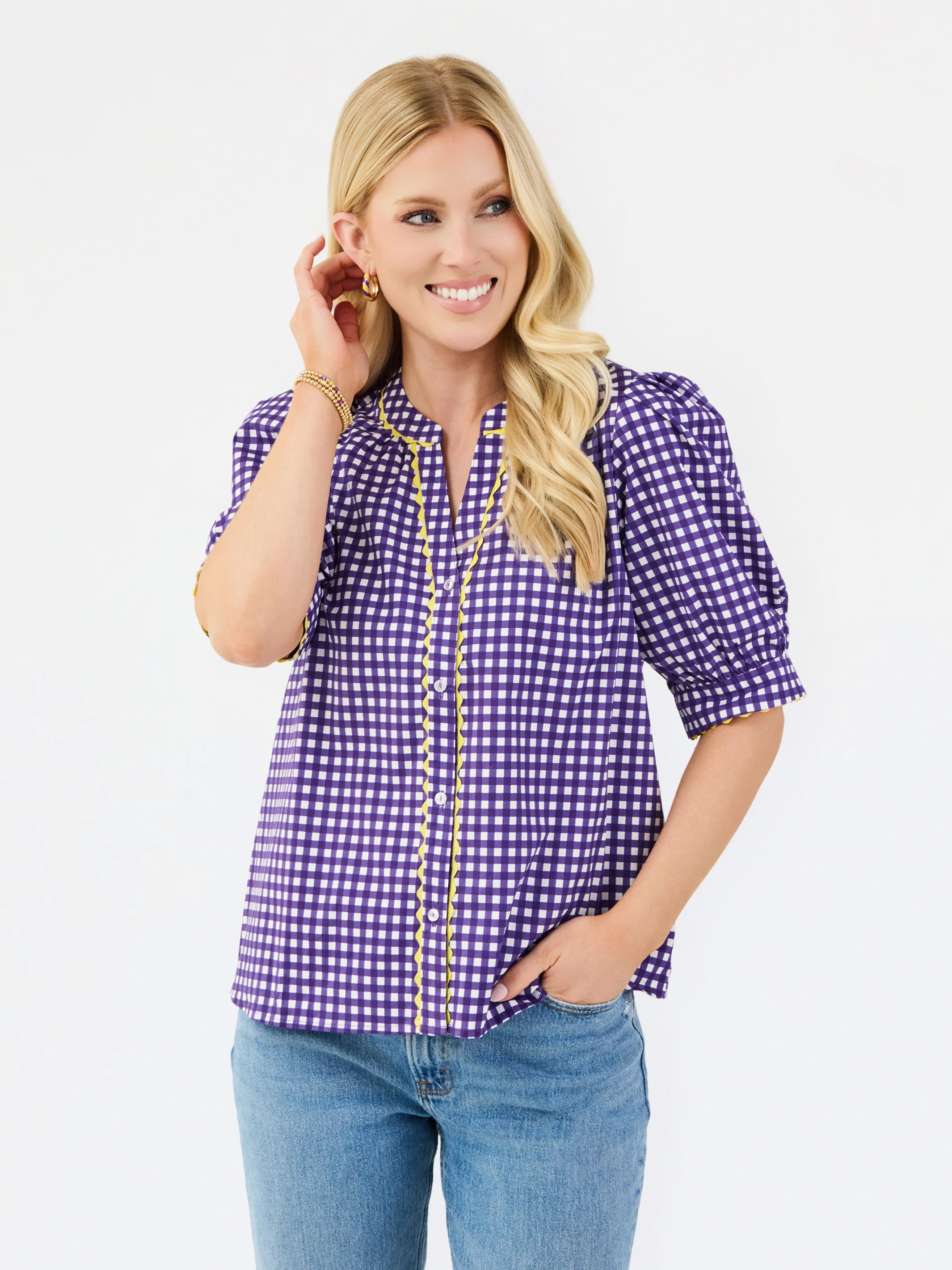 Elaine Top | Gingham Purple + Gold | Mary Square