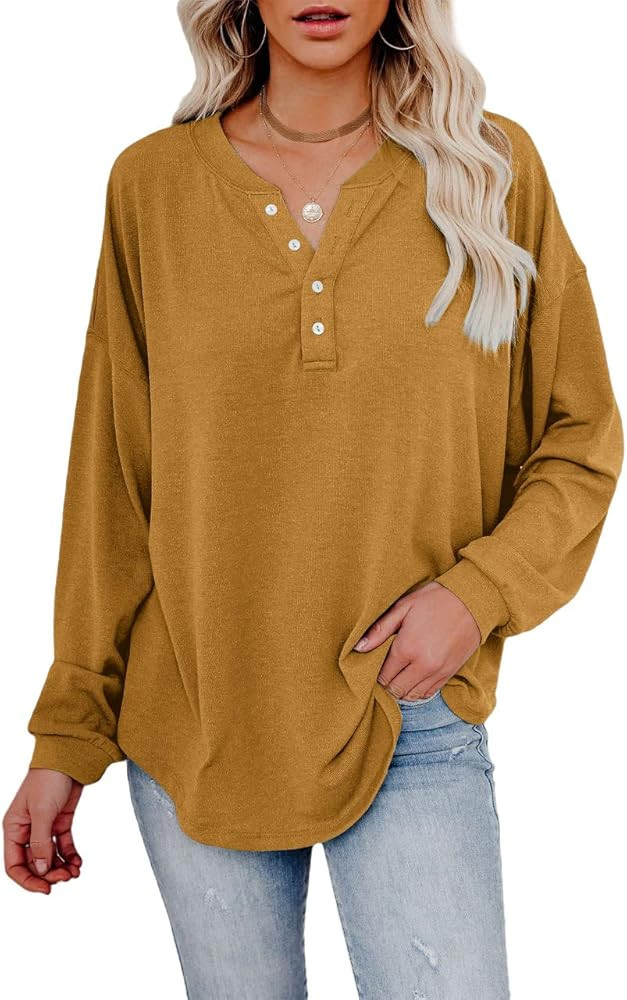 Dressmine Women's V Neck Henley Shirts Long Sleeve Casual Loose Tunic Tops Pullover Sweatshirts with | Amazon (US)