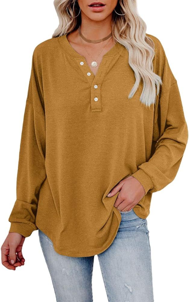 Dressmine Women's V Neck Henley Shirts Long Sleeve Casual Loose Tunic Tops Pullover Sweatshirts with | Amazon (US)