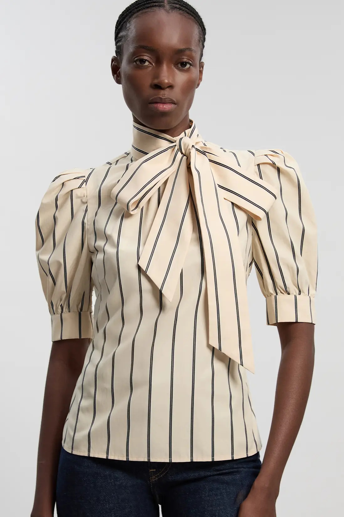 Mono Stripe Cotton Poplin Pussy Bow Puff Sleeve Woven Blouse | Karen Millen