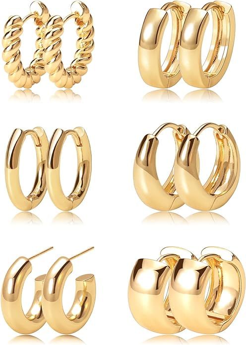 Gold Hoop Earrings Set 14k Real Gold Plated Huggie Earrings Hypoallergenic Chunky Twisted Thick J... | Amazon (US)