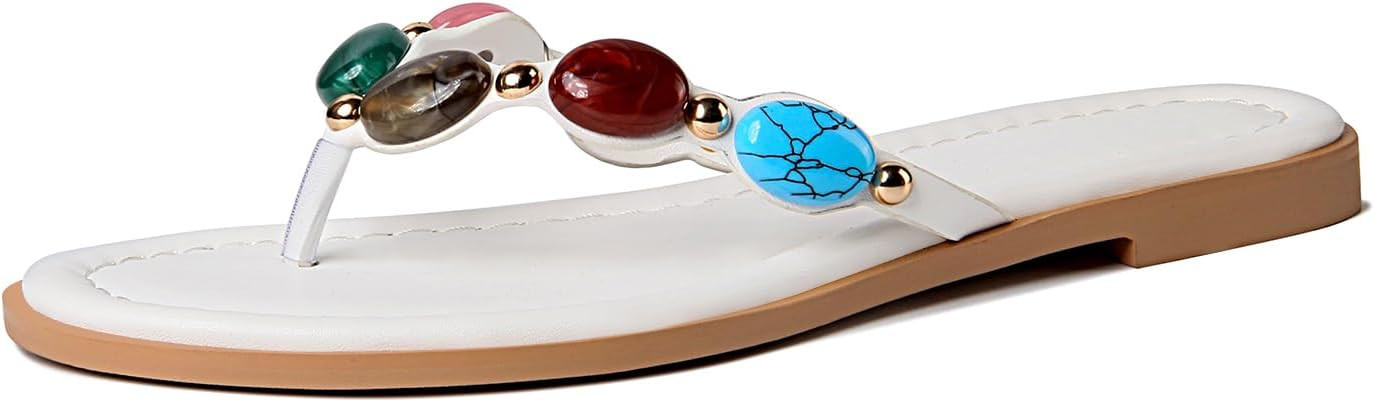 Jewelled Thong Sandal for Women Open Round Toe Flip Flops Comfy Slip on Flats Sandals Casual Summ... | Amazon (US)