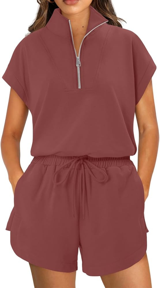 Amazon.com: KISSMODA Two Piece Sets for Women Sweatsuit Half Zip Casual Tracksuits Short Sleeve P... | Amazon (US)