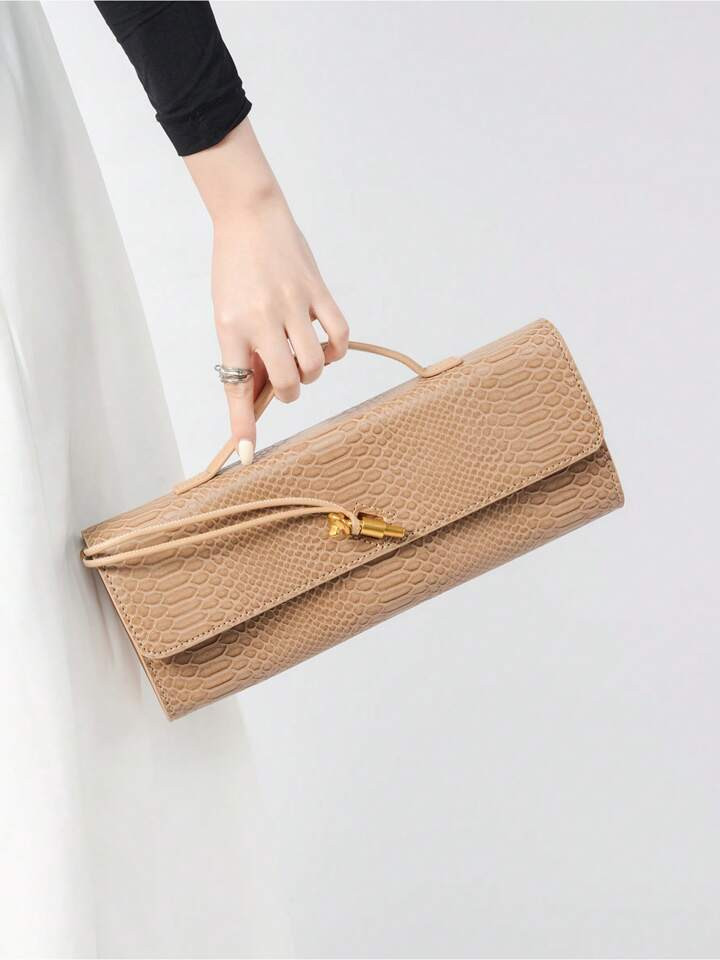 High-Grade Clutch Dinner Women's Bag Horizontal Fashion Crocodile Pattern Baguette Bag Retro Minority Shoulder Messenger Bag | SHEIN