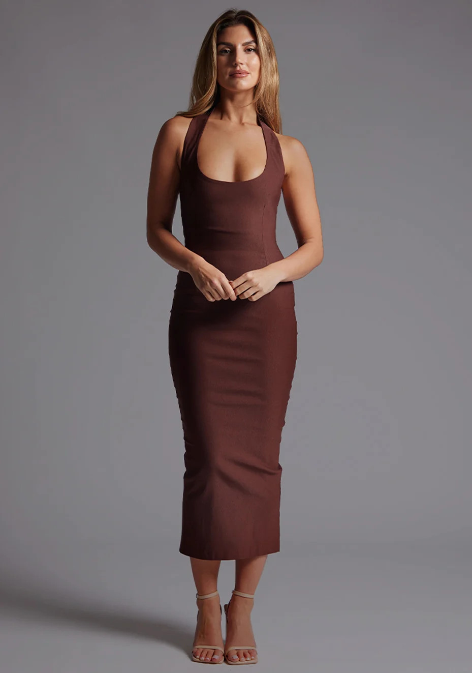 Asher | Scoop Neck Halterneck Bodycon Chocolate Midaxi Dress | VSPR UK