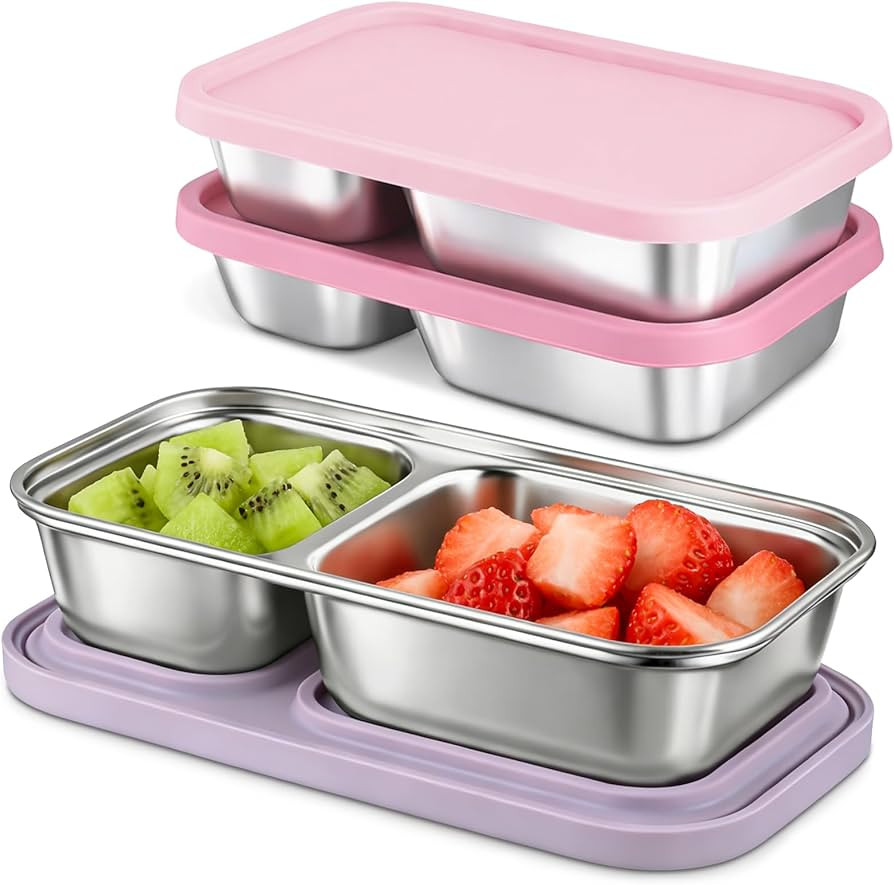 3 Pack Stainless Steel Snack Containers with Silicone Lids, 2-Compartment Snack Containers for Lu... | Amazon (US)