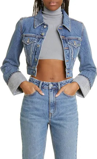Shrunken Crystal Cuff Denim Trucker Jacket | Nordstrom