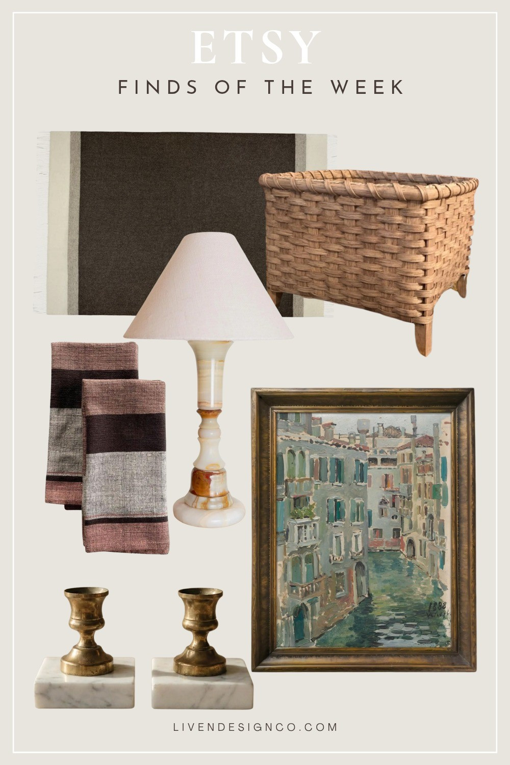 Etsy finds. Home decor. Vintage. Alabaster lamp. Woven floor basket. Wool fringe blanket. Woven cloth napkins. Vintage Italian landscape painting art print. Vintage brass and marble candle holders 

#LTKSeasonal #LTKHome #LTKSaleAlert