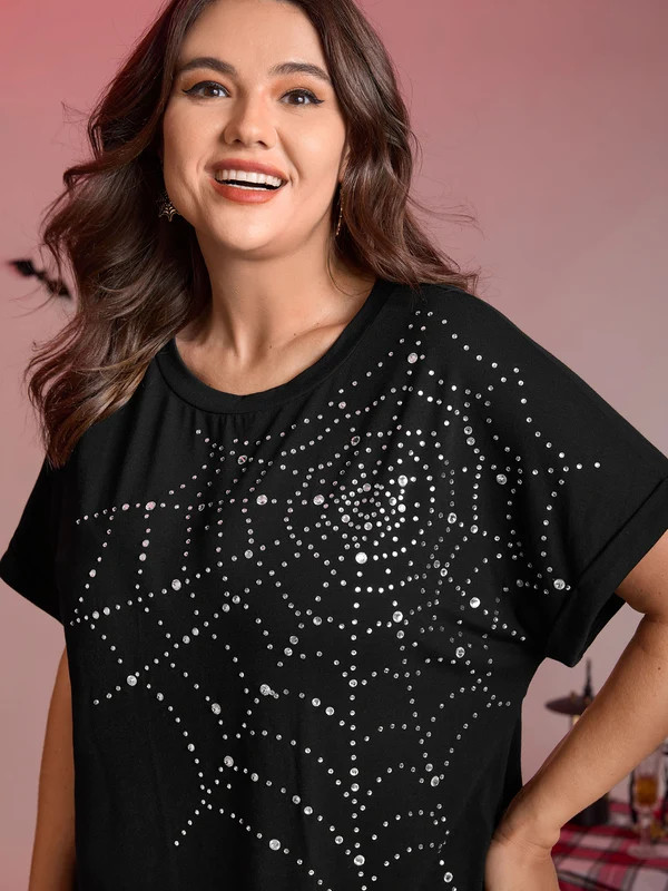 Spiderweb Rhinestone Stretchy Solid T-Shirt | Bloomchic