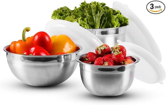 OVENTE Mixing Bowl Set with Lids, 3-Piece Stainless Steel Nesting Bowls for Easy Food Storage, St... | Amazon (US)