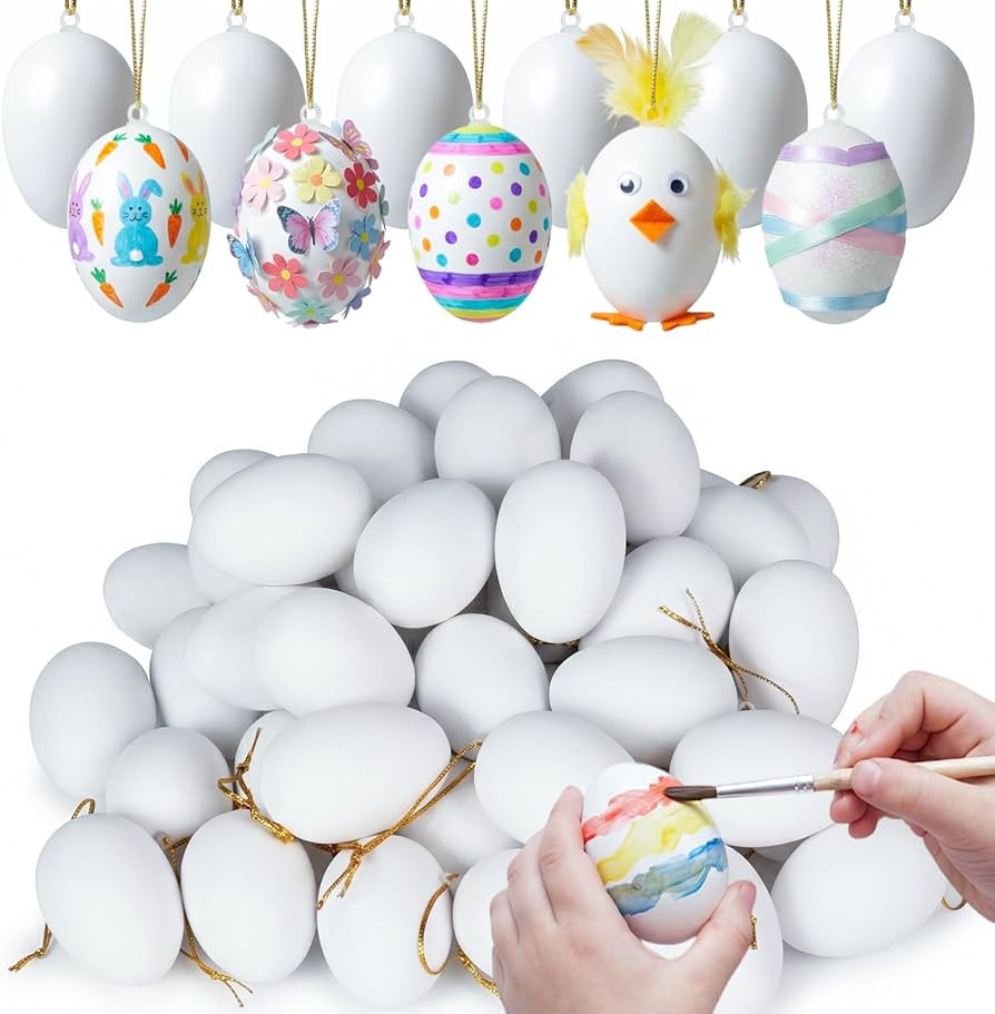 SallyFashion 60 Pcs Hanging White Eggs for Decorating, White Plastic Easter Paintable Egg for DIY... | Amazon (US)