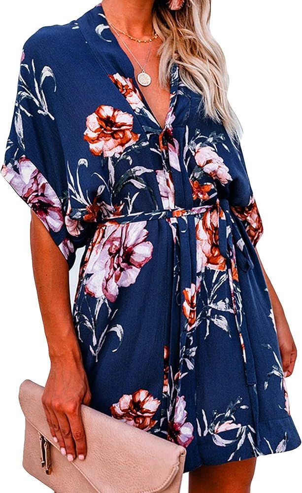 Women's Floral Print Dress Boho Robe Dress Flowy Mini Dress V-Neck Short Sleeve Party Dress Swims... | Amazon (US)