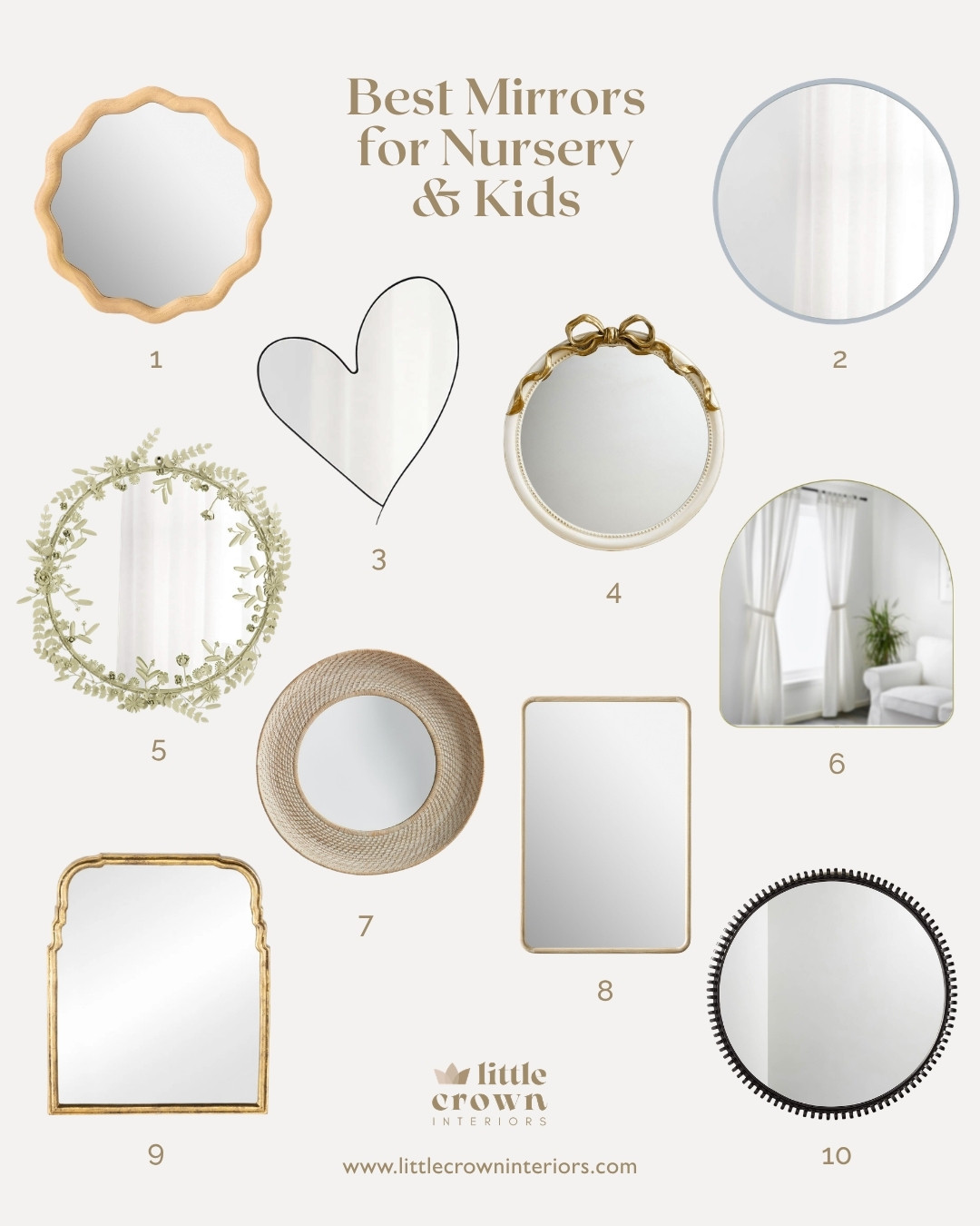 My go-to spot for a mirror is over the dresser in a nursery or kid's room. I include one in almost every single design! A wall mirror bounces light around the room and helps to open up the space, especially if your nursery or kid's room is small. 

Check out my favorite wall mirrors for nursery and kids, and head to the Little Crown Interiors blog post for tips on getting the size, height, and finish just right. And of course, how to hang mirrors safely so baby stays protected. 

 #LTKHome #LTKBaby #LTKKids