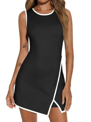 Fisoew Women's Workout Tennis Dress with Built-in Bra & Shorts Pockets Sleeveless Crewneck Golf Athletic Mini Dresses Black | Amazon (US)