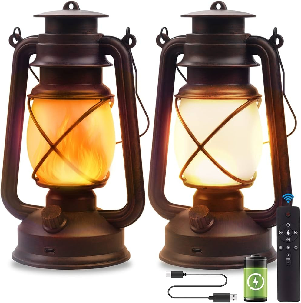 Vintage Lantern LED Battery Powered Camping Lamp Outdoor Hanging Lantern Flickering Flame Recharg... | Amazon (US)