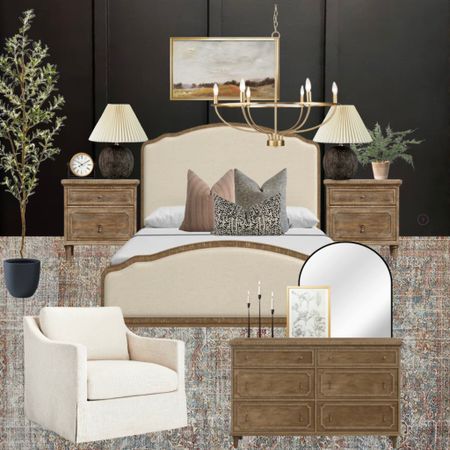Bedroom ideas, master bedroom, primary bedroom, affordable bedroom, upholstery bed, loloi rug, dresser mirror, nightstand, Walmart, olive tree, table lamp, home decor, accent chair 