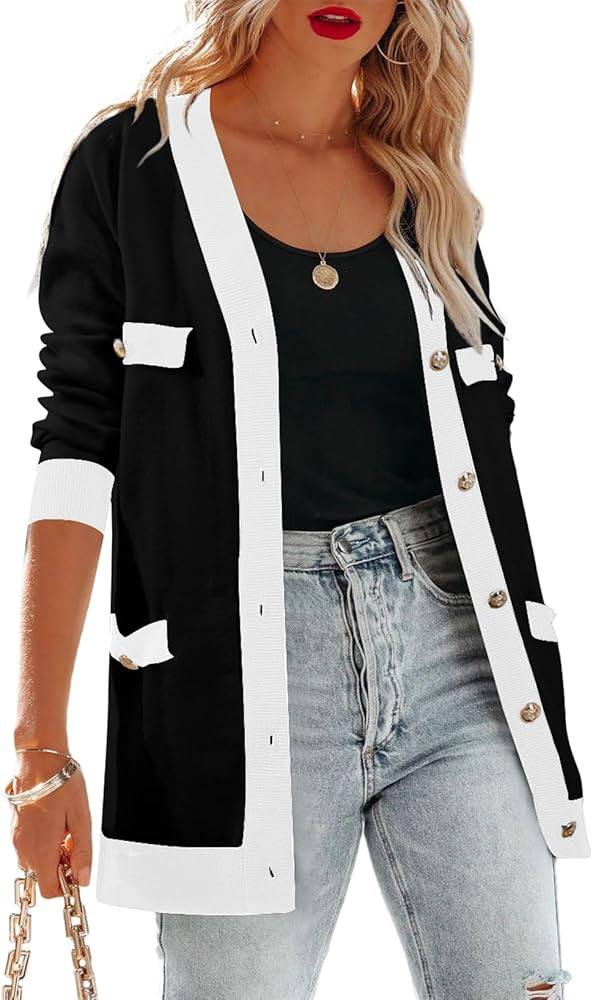 Sidefeel Women's Cardigan Sweaters Open Front Button Down Plaid Chunky Knit Jackets with Pockets | Amazon (US)