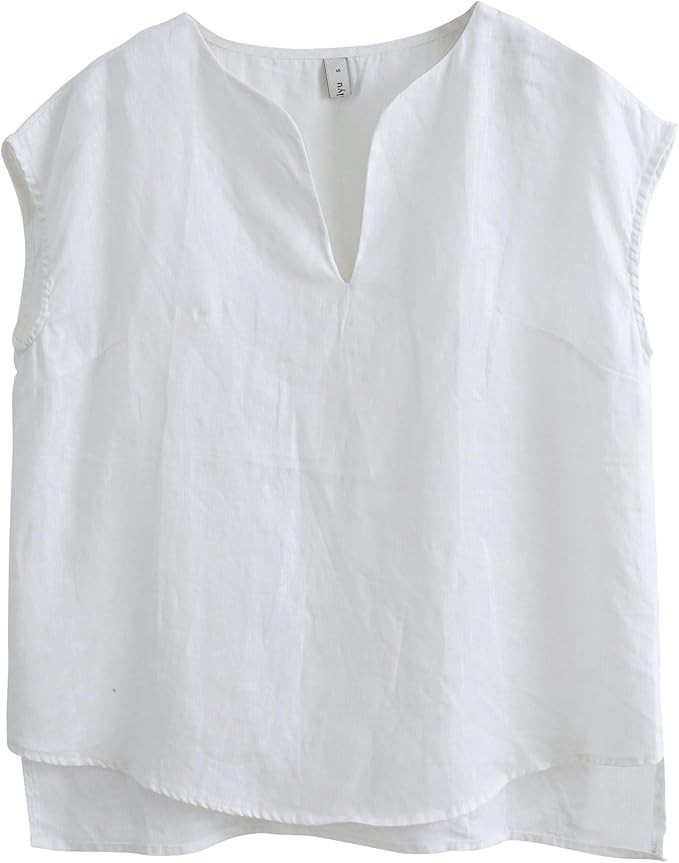 Amazhiyu Women's 100% Linen Summer V Neck Cap Sleeve Blouse Basic Casual Top | Amazon (US)
