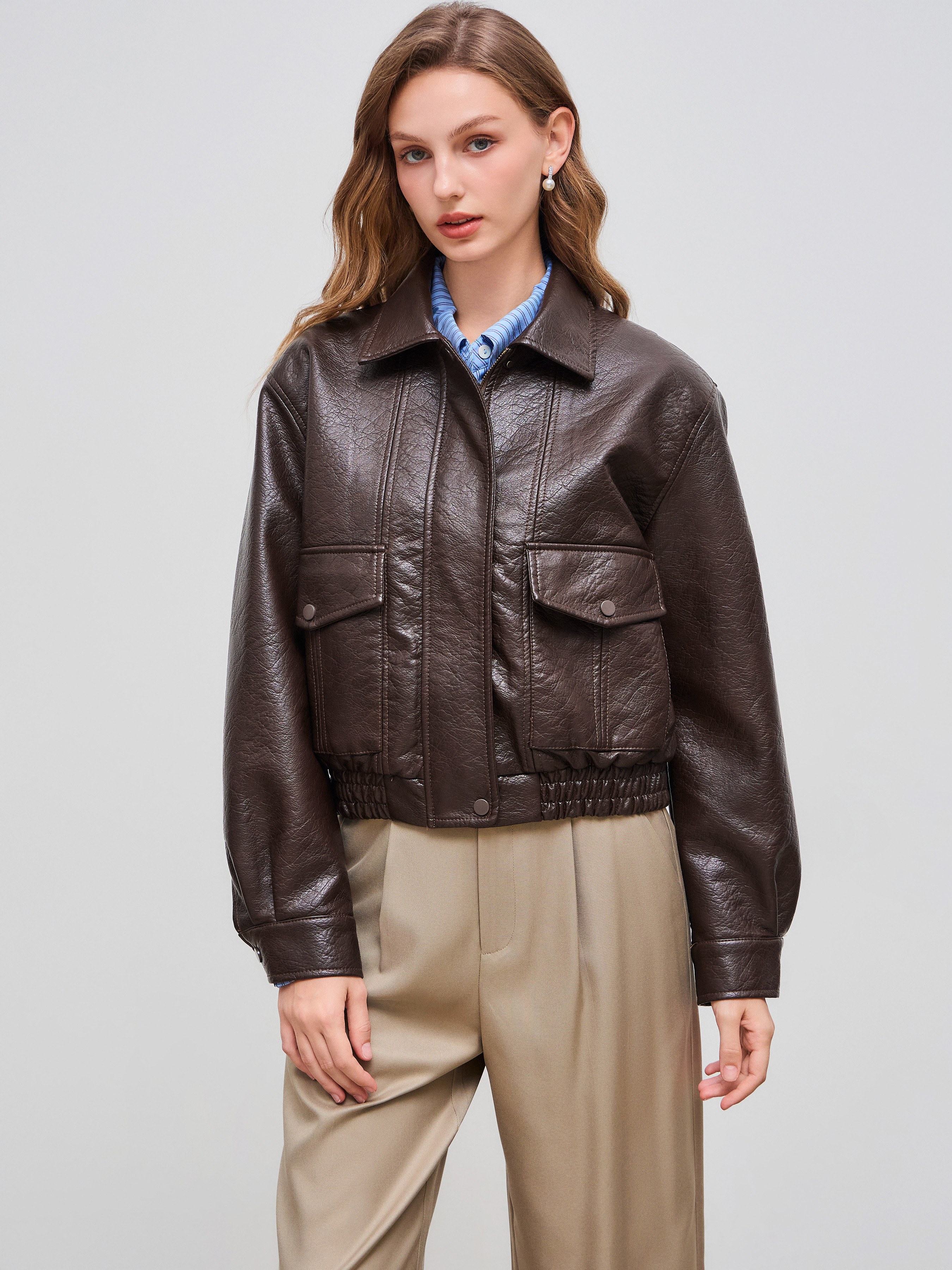 Faux Leather Faux Leather Collar Solid Pocket Shirred Oversized Jacket For Daily Casual | Cider
