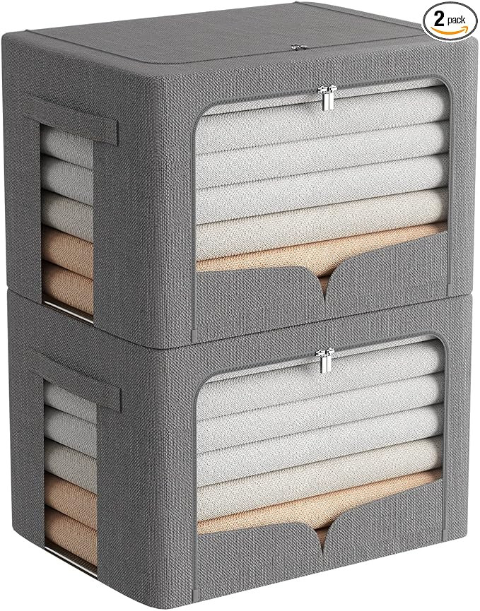 2 Pack Clear Window Storage Bins - Stackable Linen Fabric Storage for Clothes - Foldable Box Orga... | Amazon (US)