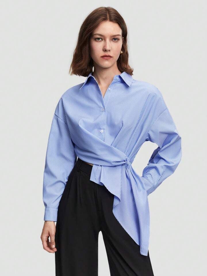 SHEIN BIZwear Solid Drop Shoulder Asymmetrical Hem Shirt | SHEIN