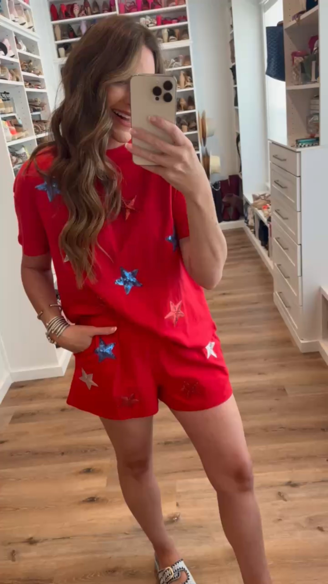 In a medium sequin star 2 piece set, raffia slides and accessories for patriotic look- fits tts.

#LTKStyleTip #LTKSeasonal #LTKFindsUnder50