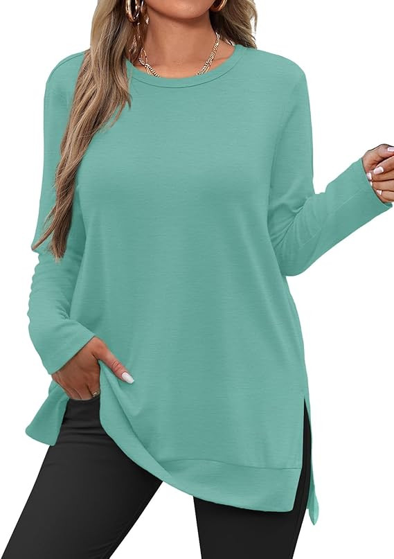 JUSTFASHIONNOW Womens Long Sleeve Tunic Tops to Wear with Leggings Crew Neck Side Split Layering ... | Amazon (US)