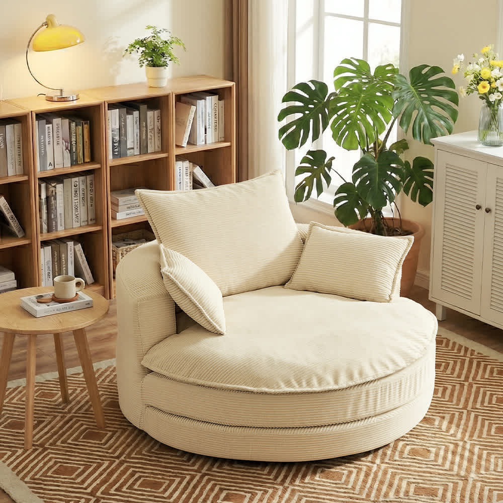 Coolbibila Oversized Beige Corduroy Swivel Sofa Chair Barrel Chair with Cushion and Pillows for Living Room one_size in White | NIKKO-CHAIR-BEIGE | Lowe's