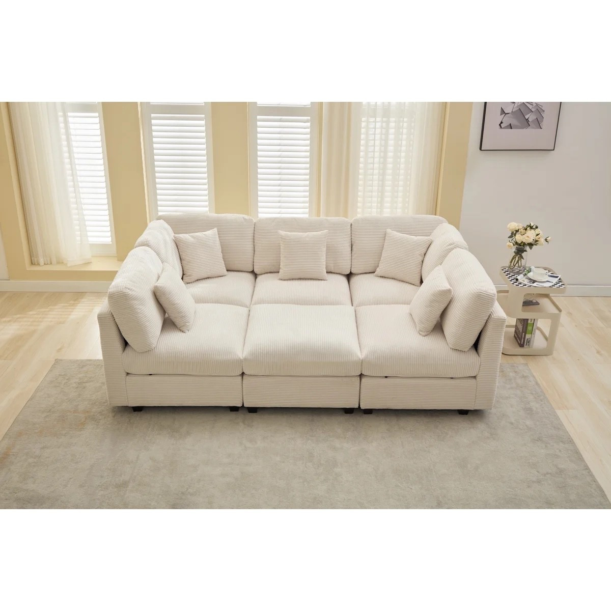 Create the ultimate cozy living room with this Wayfair Verified modular sleeper sectional from Wayfair. Upholstered in soft corduroy fabric, this 6-piece sectional features a flexible modular design that easily converts into a spacious sleeper, making it perfect for movie nights, overnight guests, and family gatherings. The plush cushions and neutral color blend seamlessly with modern, contemporary, and cozy interiors.