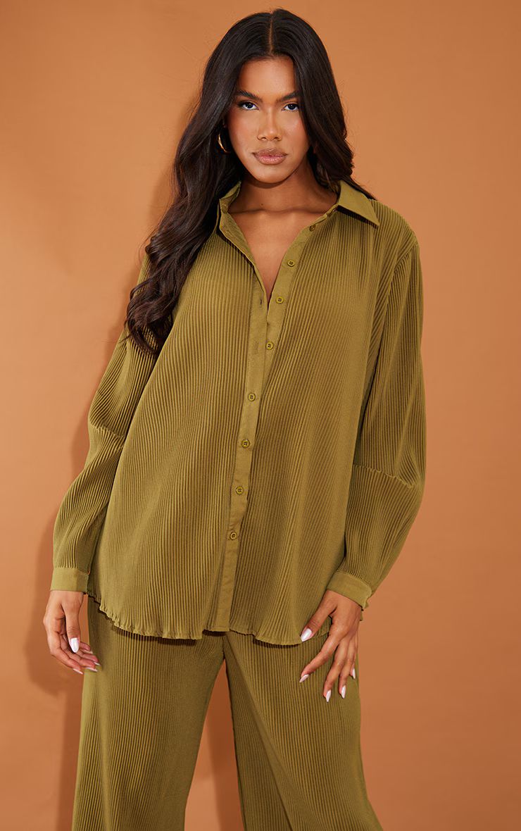 Khaki Plisse Button Front Oversized Shirt | PrettyLittleThing US